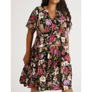 Anthropologie Maeve Harper Tiered Floral Dress L Black V Neck Short Sleeve Flowy